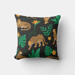 Vintage pattern with leopards and tropical leaves  throw pillow
