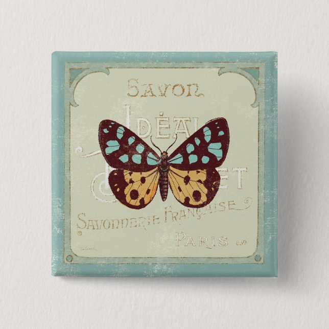 Vintage Patterned Butterfly 2 Inch Square Button (Front)