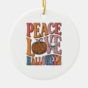 Vintage Peace Love Halloween Pumpkin Skull Design_ Ceramic Ornament