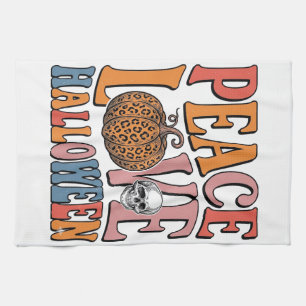 Vintage Peace Love Halloween Pumpkin Skull Design_ Kitchen Towel