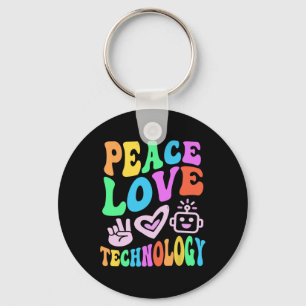 Vintage Peace Love Technology Retro Computer Teach Keychain