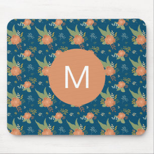 Vintage Peach and blue Floral Pattern Monogram Mouse Pad