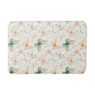 Vintage Peach and Mint Butterfly Watercolor Bath Mat