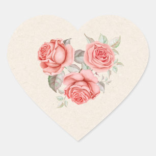 Vintage Peach Coral Roses Greenery Leaves Wedding Heart Sticker