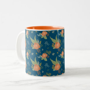 Vintage Peach Flower Pattern Dark Blue Two-Tone Coffee Mug