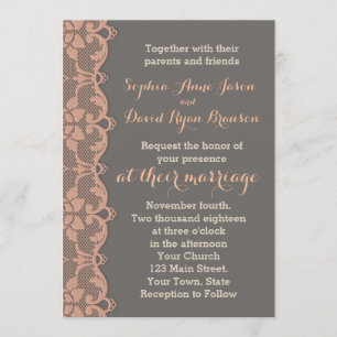 Vintage Peach Grey Lace Wedding Invitation