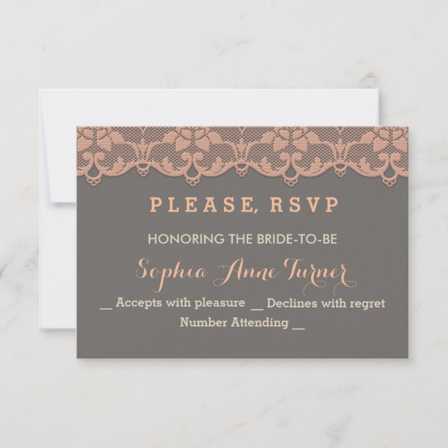 Vintage Peach Grey Lace Wedding RSVP Custom Card (Front)