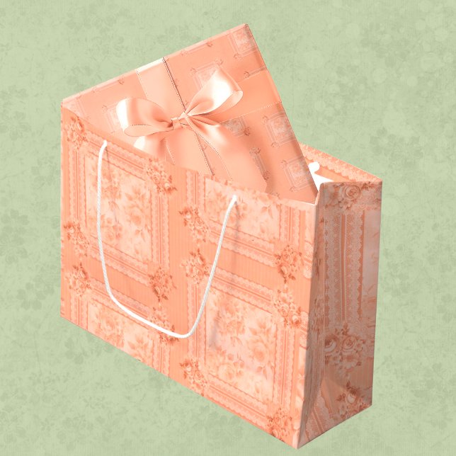 Vintage Peach Lace Faded Roses Large Gift Bag (Vintage elegance...)