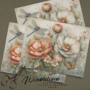 Vintage Peach Poppies & Botanical Floral Decoupage Tissue Paper