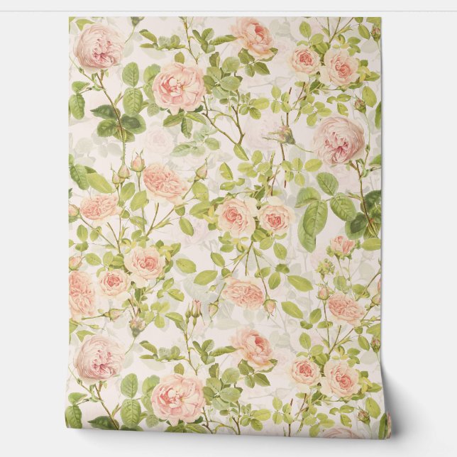 Vintage Peach Rococo Roses Luxury Garden 1 Wallpaper (Unrolling)