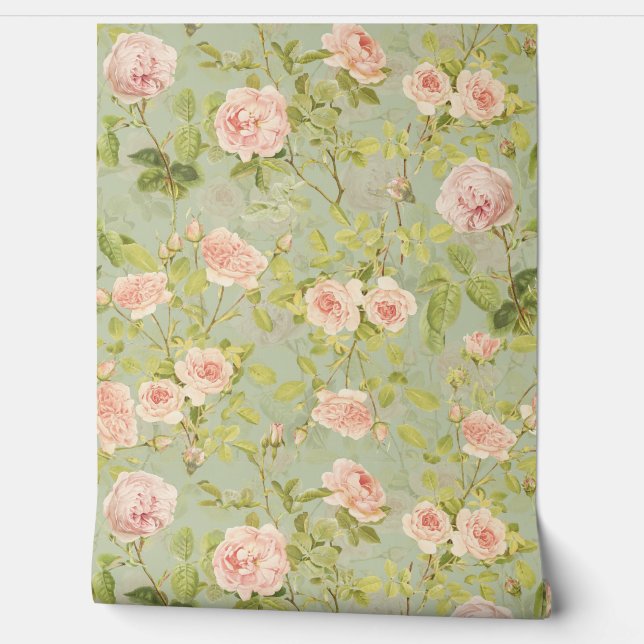 Vintage Peach Rococo Roses Luxury Garden Wallpaper (Unrolling)