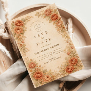 Vintage Peach Rose Floral Wedding Save The Date