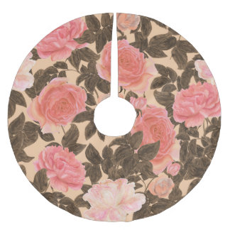 Vintage peach rose watercolor pattern. brushed polyester tree skirt