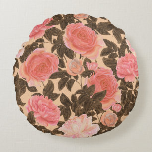 Vintage peach rose watercolor pattern. round pillow