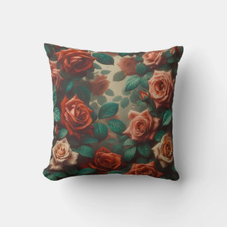 “Vintage Peach Roses with Raindrops"  Throw Pillow