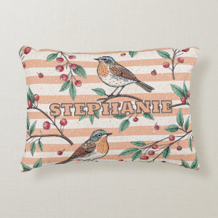 Vintage Peach Songbird Berry Branch Pattern Accent Pillow
