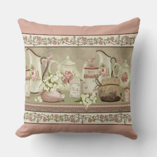 Vintage Peach Tea & Roses Throw Pillow