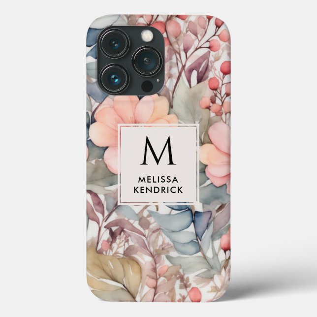 Vintage Peach Wildflowers Watercolor Monogram Name Case-Mate iPhone Case (Back)