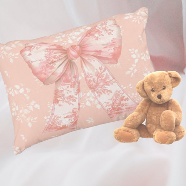 Vintage Peachy Floral Toile Bows  Accent Pillow (Sweet peachy pink toile bow!)