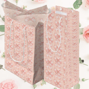 Vintage Peachy Floral Toile Bows Decoupage Medium Gift Bag
