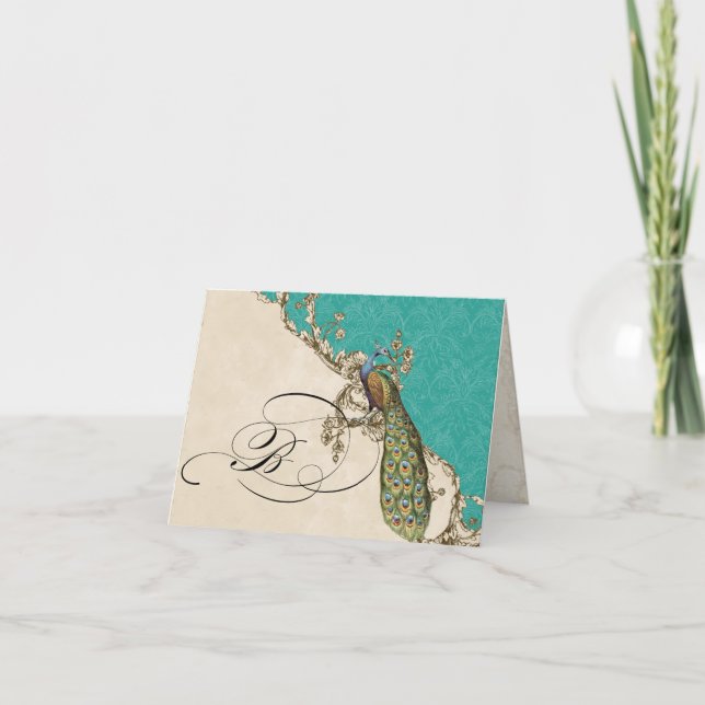 Vintage Peacock 1 Monogrammed Initial Notecard - B (Front)
