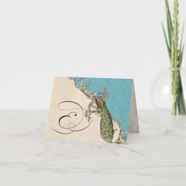 Vintage Peacock 1 Monogrammed Initial Notecard - E (Front)
