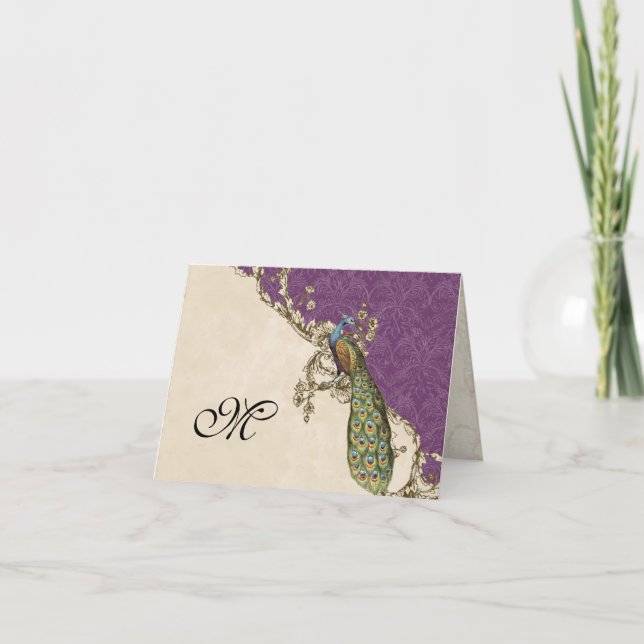 Vintage Peacock 1 Monogrammed Initial Notecard - T (Front)