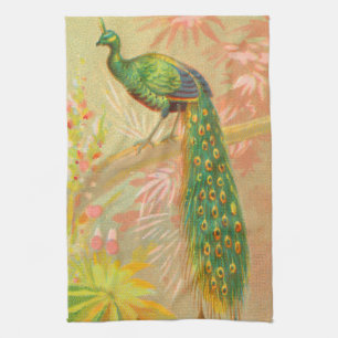 Vintage Peacock and flowers painting Kitchen Towel