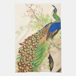 Vintage Peacock and flowers painting Kitchen Towel