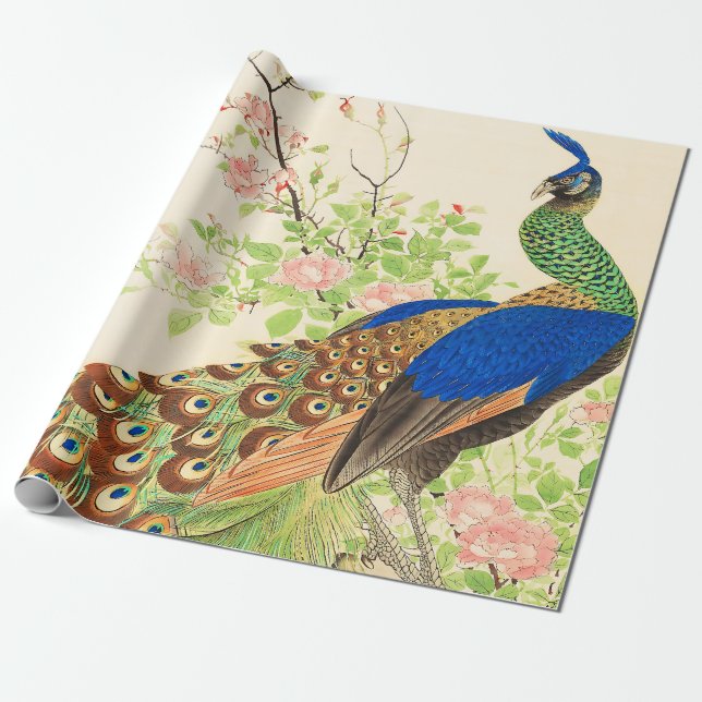 Vintage Peacock and flowers painting Wrapping Paper (Unrolled)