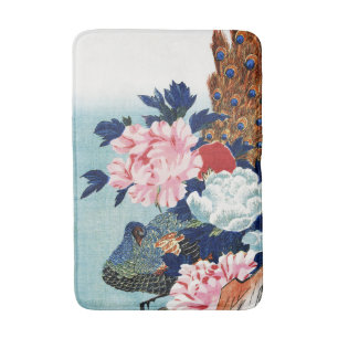 Vintage Peacock and peonies flowers painting Bath Mat