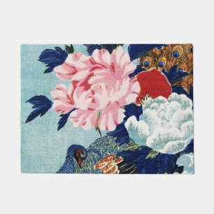 Vintage Peacock and peonies flowers painting Doormat
