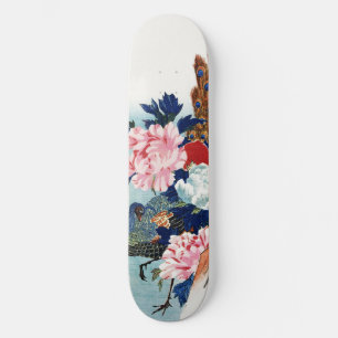 Vintage Peacock and peonies flowers painting Skateboard
