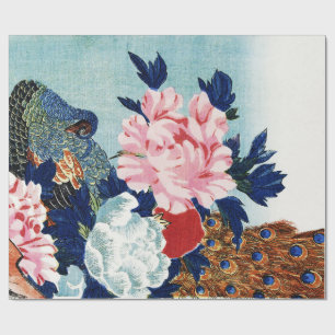 Vintage Peacock and peonies flowers painting Wrapping Paper