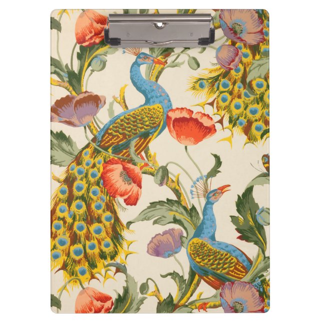 Vintage Peacock and poppies illustrations Clipboard (Front)