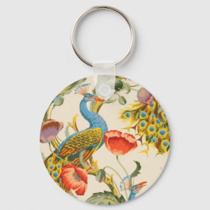 Vintage Peacock and poppies illustrations Keychain