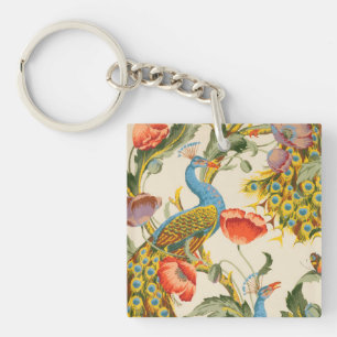 Vintage Peacock and poppies illustrations Keychain