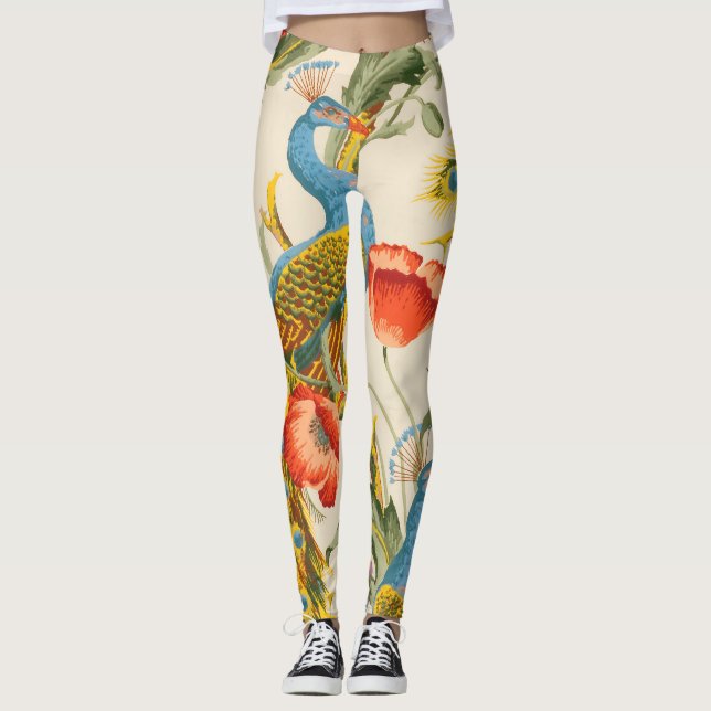 Vintage Peacock and poppies illustrations Leggings (Front)