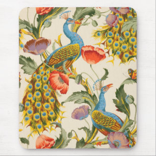 Vintage Peacock and poppies illustrations Mouse Pad
