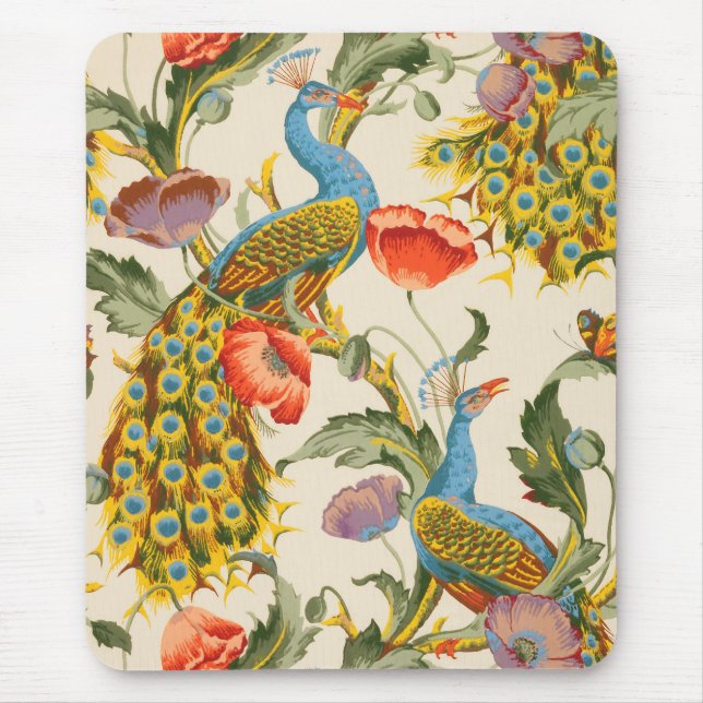 Vintage Peacock and poppies illustrations Mouse Pad (Front)