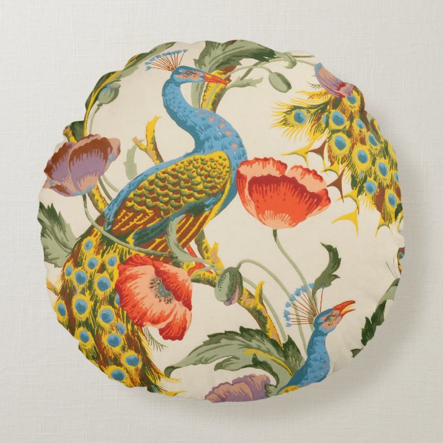 Vintage Peacock and poppies illustrations Round Pillow (Front)