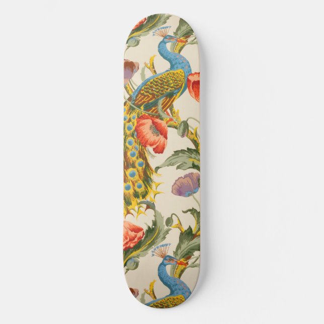 Vintage Peacock and poppies illustrations Skateboard (Front)