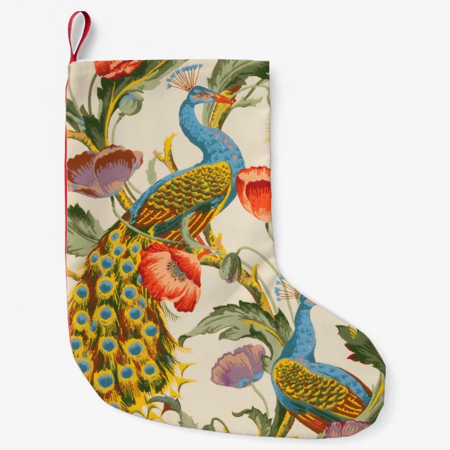 Vintage Peacock and poppies illustrations Small Christmas Stocking (Front)