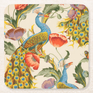 Vintage Peacock and poppies illustrations Square Paper Coaster