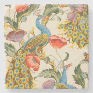 Vintage Peacock and poppies illustrations Stone Coaster