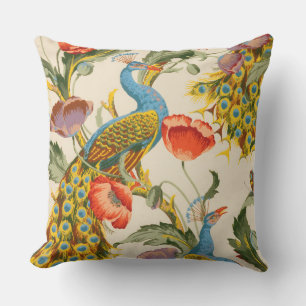 Vintage Peacock and poppies illustrations Throw Pillow