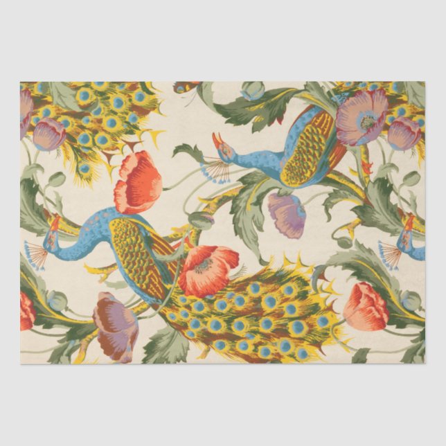 Vintage Peacock and poppies illustrations Tissue Paper (Front)