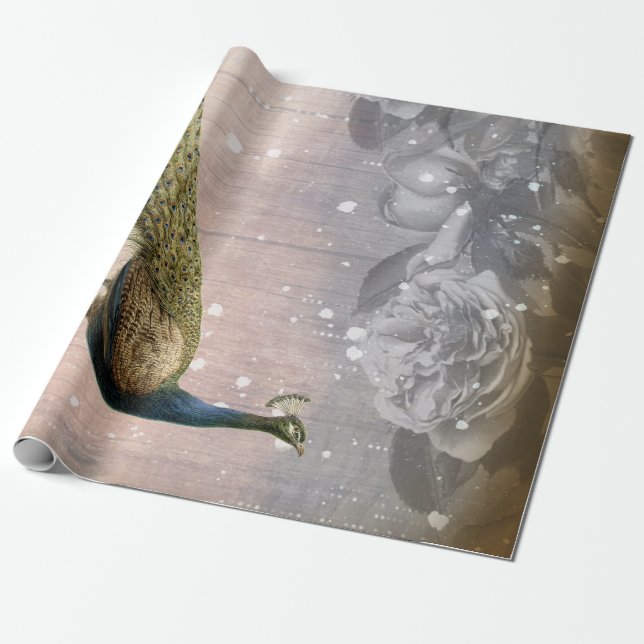 Vintage Peacock and Roses Decoupage Wrapping Paper (Unrolled)
