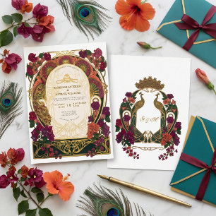 Vintage Peacock Art Nou Floral Foil Wedding Invite