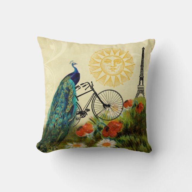 Vintage Peacock Art with Eiffel Tower Throw Pillow (Front)